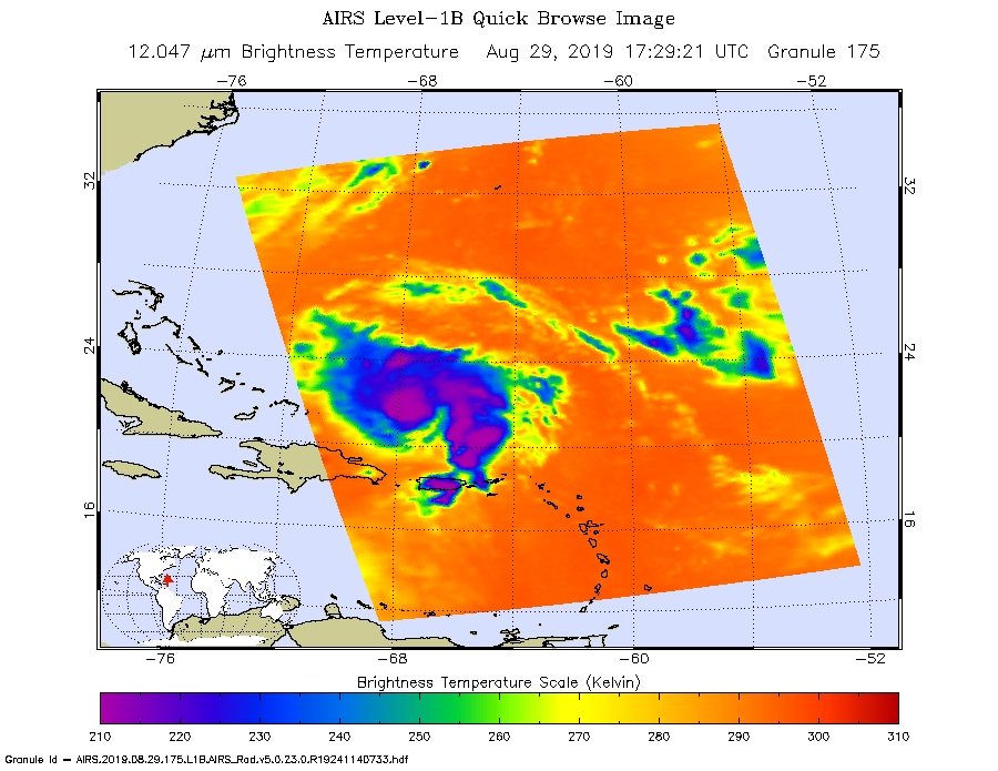 An infrared image of Hurricane Dorian, as seen by the AIRS instrument aboard NASA's Aqua satellite 