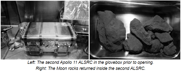 Left: The second Apollo 11 ALSRC in the glovebox prior to opening. Right: The Moon rocks returned inside the second ALSRC.