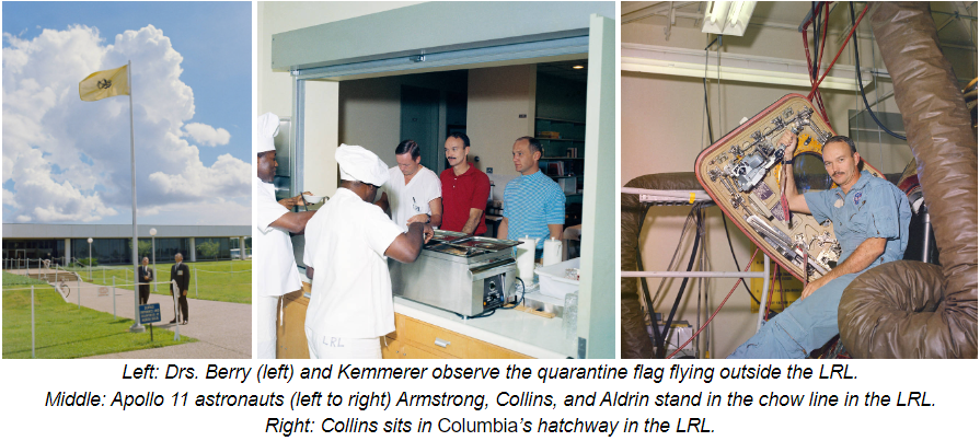 Left: Drs. Berry (left) and Kemmerer observe the quarantine flag flying outside the LRL. Middle: Apollo 11 astronauts (left to right) Armstrong, Collins, and Aldrin stand in the chow line in the LRL. Right: Collins sits in Columbia’s hatchway in the LRL.