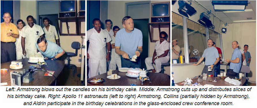 Left: Armstrong blows out the candles on his birthday cake. Middle: Armstrong cuts up and distributes slices of his birthday cake. Right: Apollo 11 astronauts (left to right) Armstrong, Collins (partially hidden by Armstrong), and Aldrin participate in the birthday celebrations in the glass-enclosed crew conference room.
