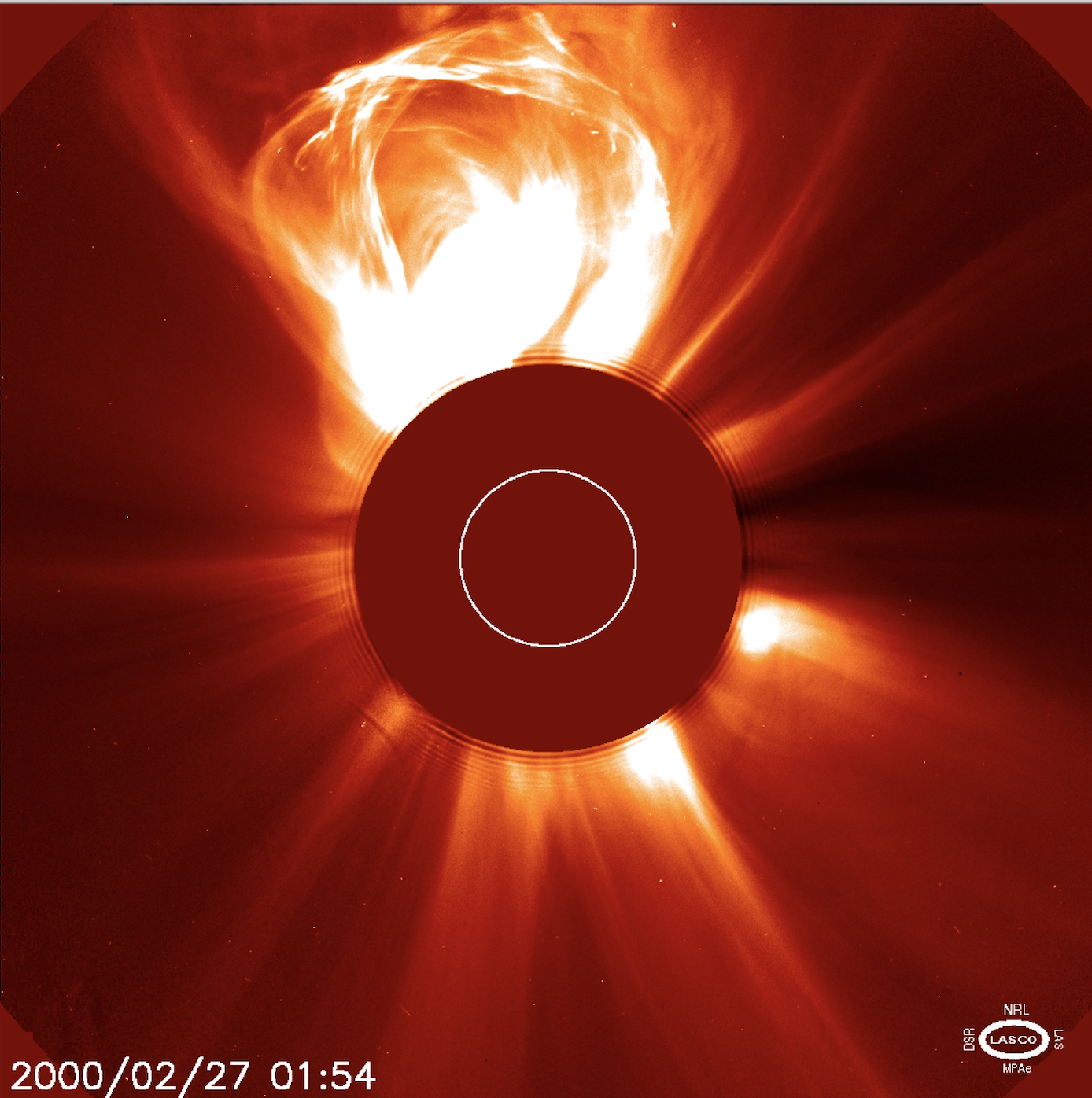 n this image, taken by the Solar and Heliospheric Observatory on Feb. 27, 2000, a CME is seen erupting from the Sun