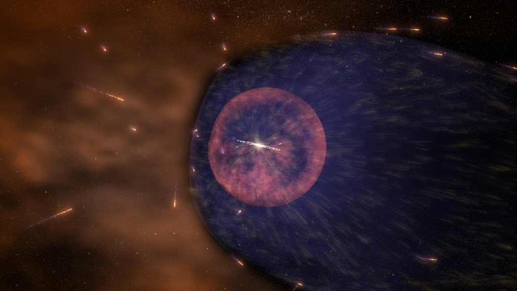 The solar system is at the center of two large purple bubbles representing the heliosphere. Golden streaks bounce throughout.