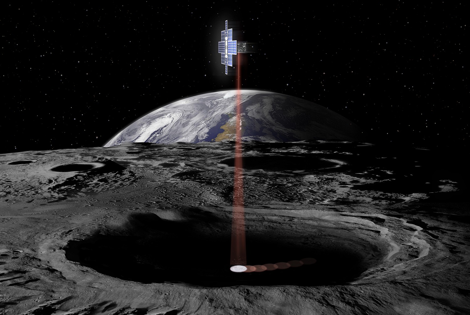 Artistic Rendering: CubeSat collecting data from a Moon Crater