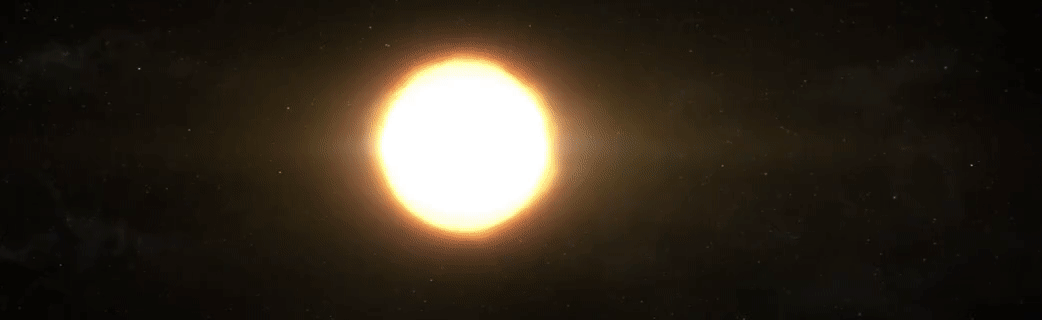An animated GIF of an earth-like exoplanet. The gif starts near a bright star and then moves quickly to show the earth-like planet in the foreground, with the bright star in the background.