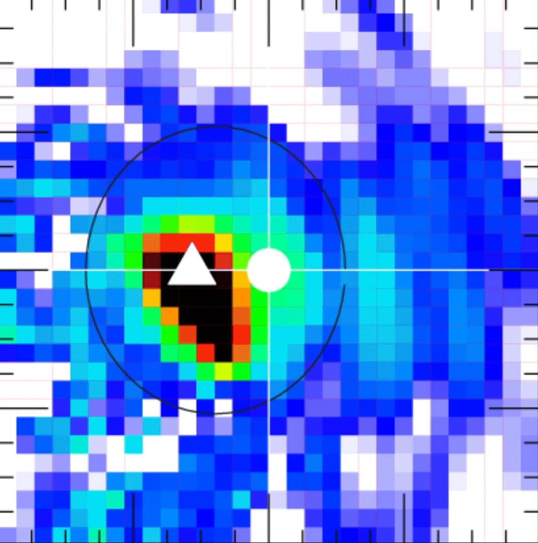 Animation of data from the Fast Plasma Investigation aboard MMS. A highly pixelated graphic of rainbow colors in a rough circle, spiraling like a hurricane graphic.