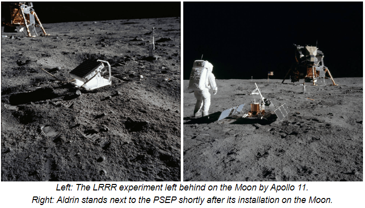 Left: The LRRR experiment left behind on the Moon by Apollo 11. Right: Aldrin stands next to the PSEP shortly after its installation on the Moon.