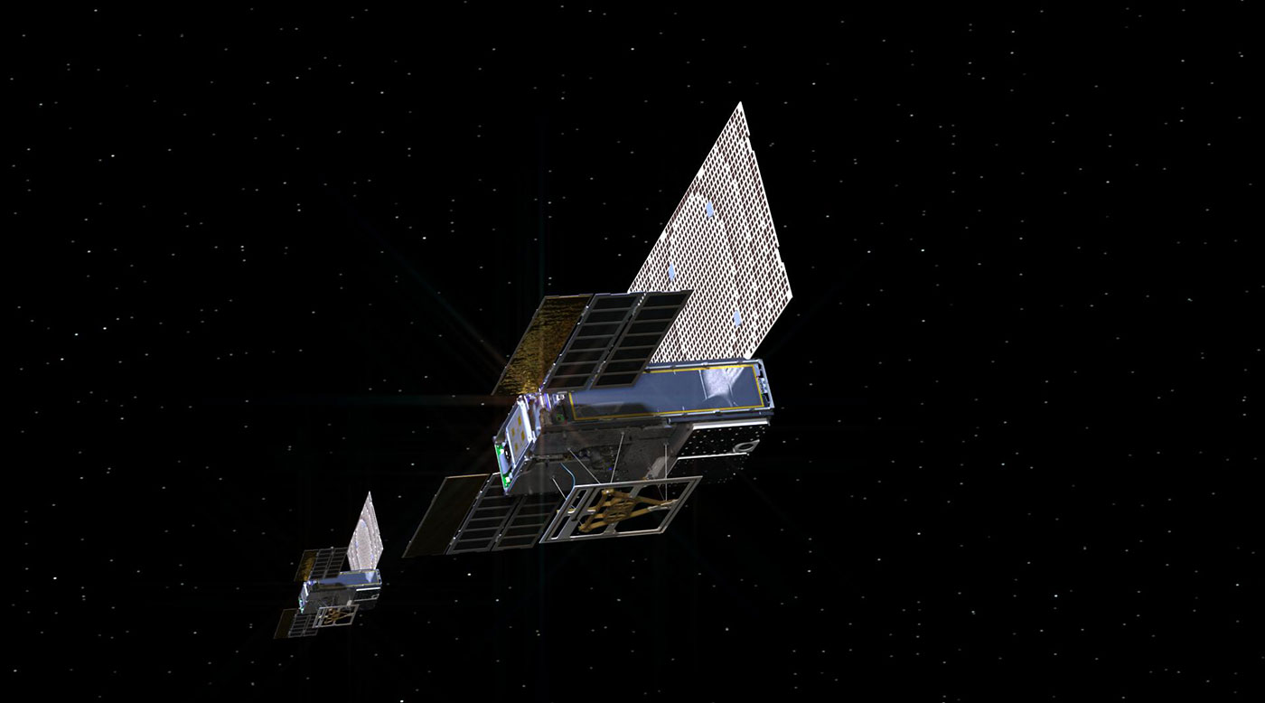 An artist's rendering of the twin Mars Cube One (MarCO) spacecraft
