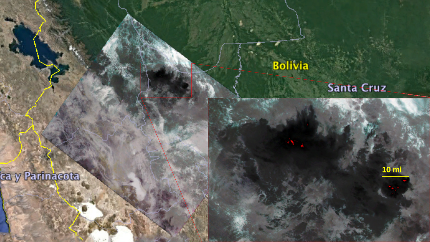 ECOSTRESS imagery of fires burning in the Bolivian Amazon