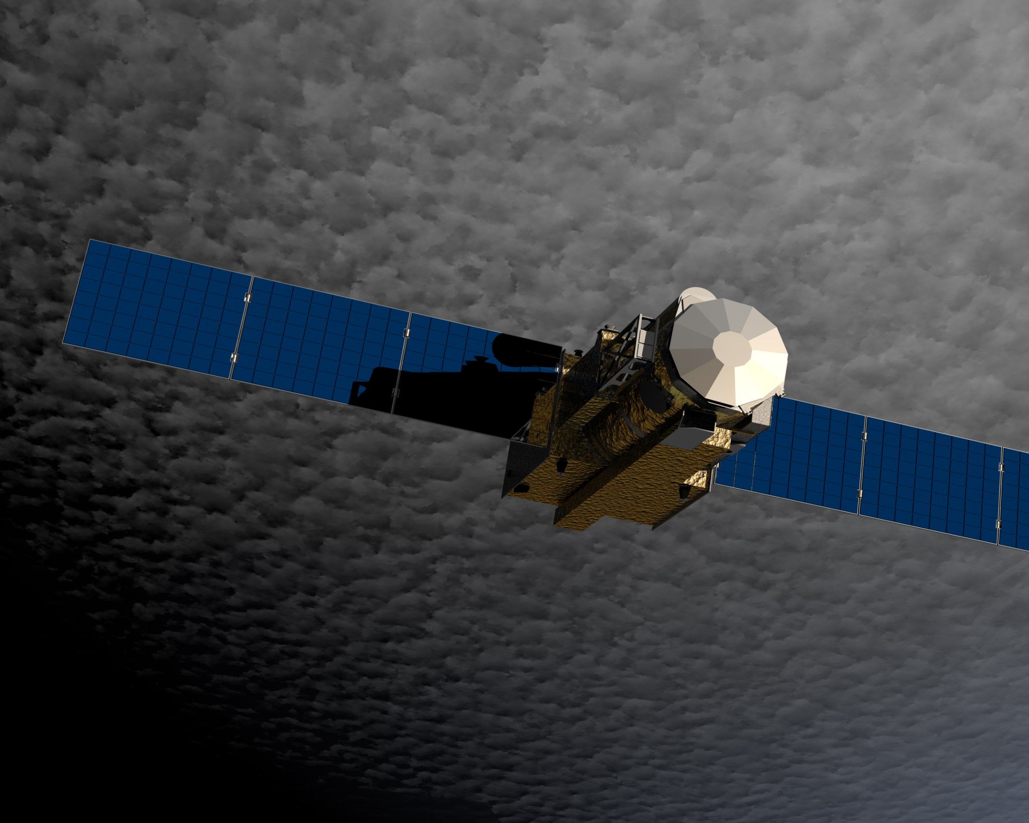 An illustration shows the Hinode spacecraft in Earth orbit with its solar panels completely extended. 