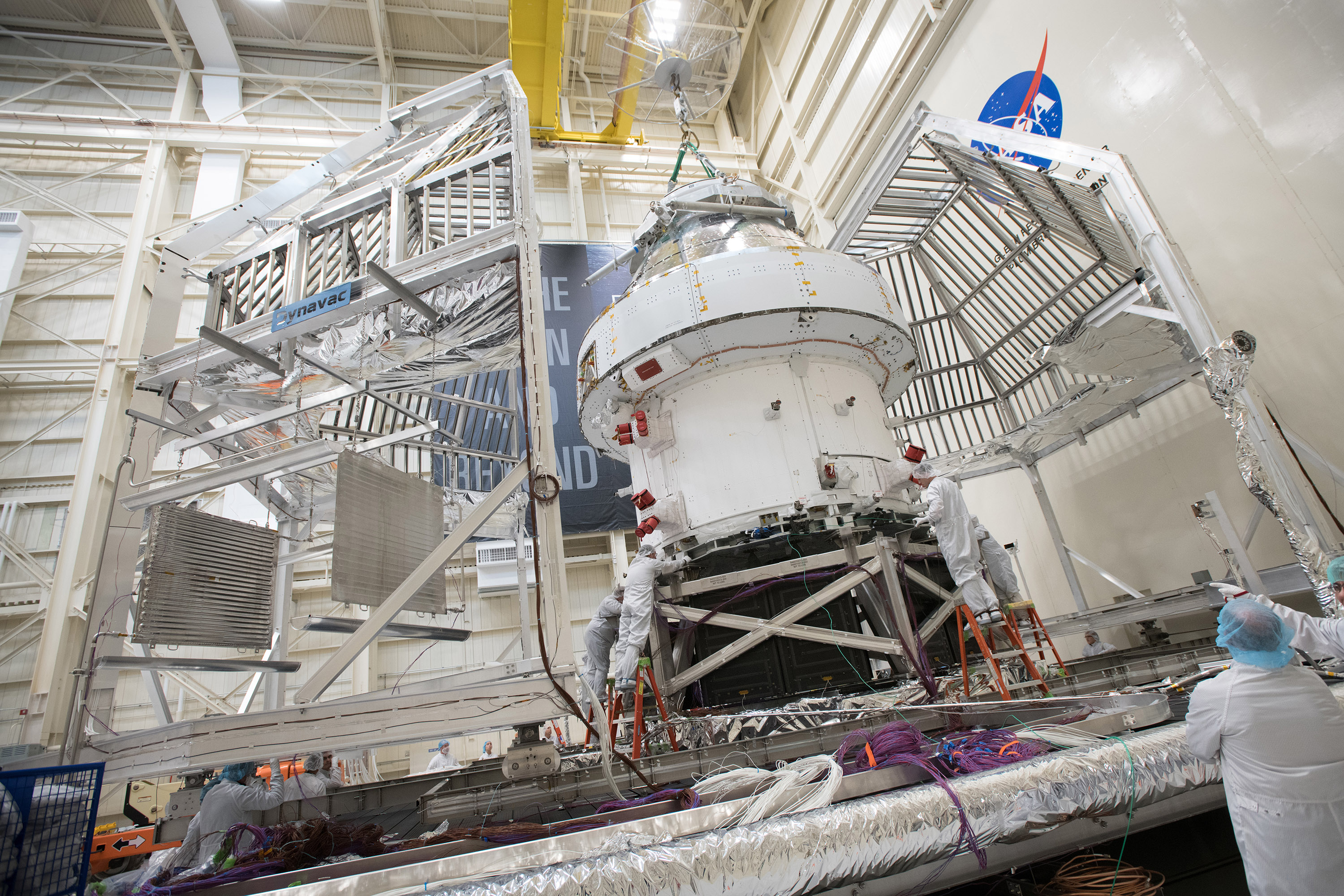 Orion spacecraft is being loaded into the heat flux system at the Space Environments Complex at NASA's Plum Brook Station.