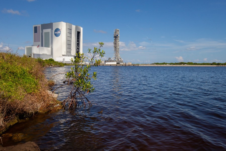 The mobile launcher for NASA's Artemis missions rolls out of the Vehicle Assembly Building (VAB) at Kennedy Space Center in Florida on Sept. 10, 2019, after spending a week and a half inside due to the approach of Hurricane Dorian.