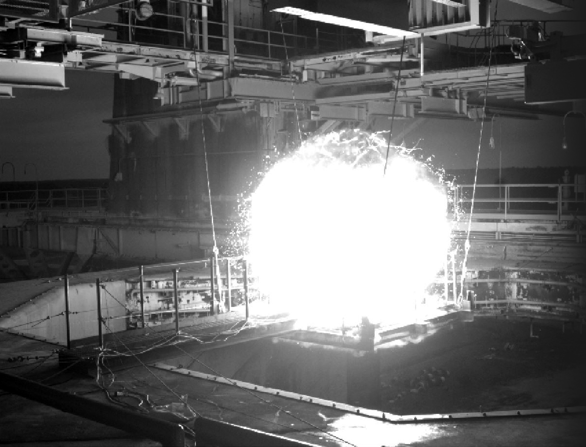 Explosion of a hydrogen-oxygen filled balloon on the B-1 Test Stand at NASA Stennis Space Center