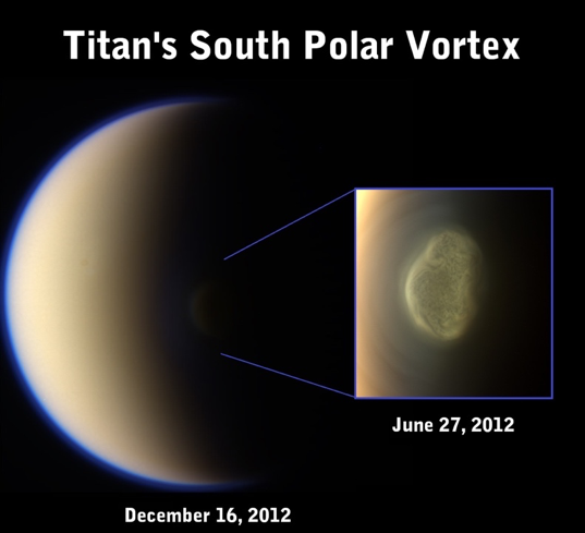 Titan with a close up of the south polar vortex that appeared after the northern spring equinox.