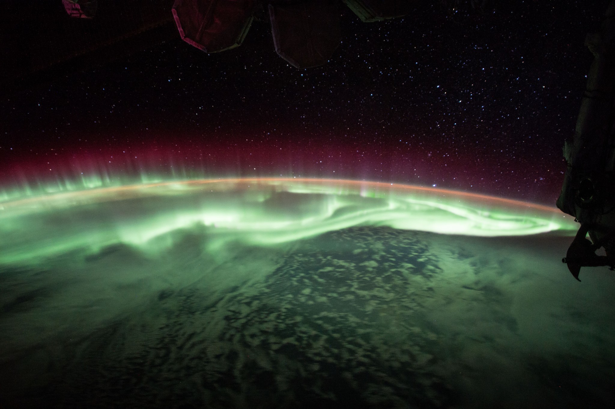 auroras, as seen in this image captured by the International Space Station on Aug. 6, 2017. 