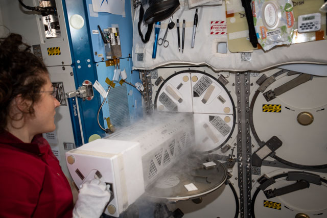 Expedition 60 Flight Engineer Christina Koch of NASA conducts research for a protein crystal growth experiment in the Kibo Japanese Experiment Module (JEM). The research investigates the production of antibody therapies with a longer shelf-life to benefit humans on Earth and in space. Credit: NASA