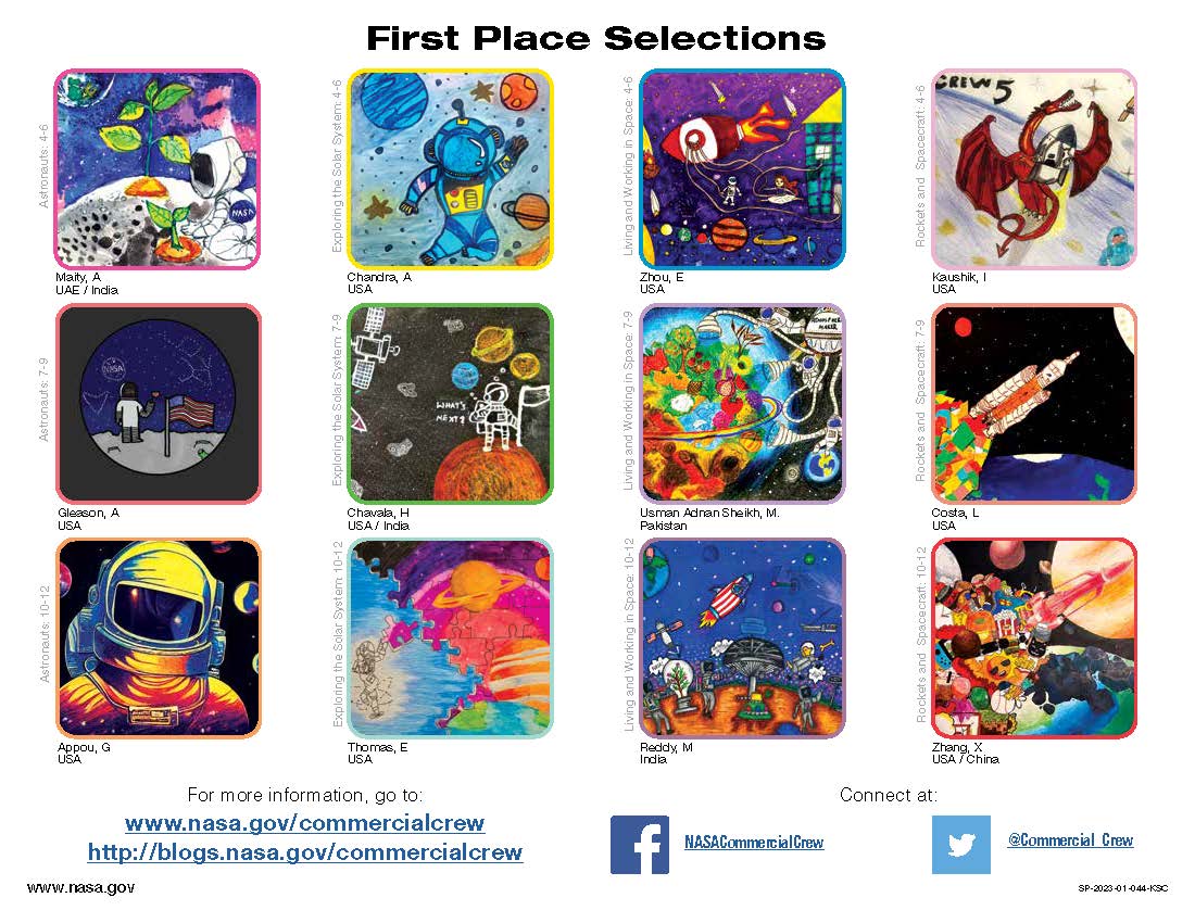 The back cover of the 2023 Commercial Crew Children's Artwork Calendar displaying the first-place winning artwork.