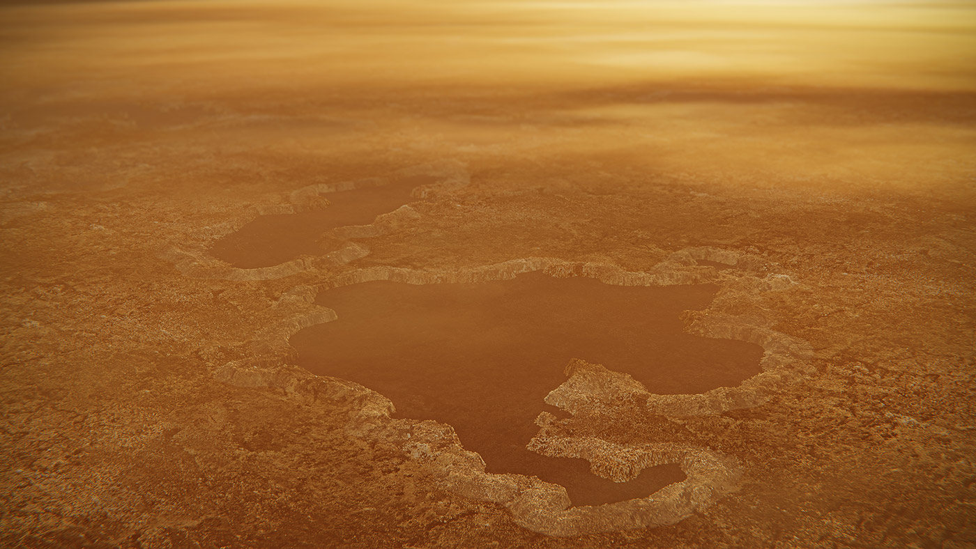 Artist's concept of a lake at the north pole of Saturn's moon Titan.