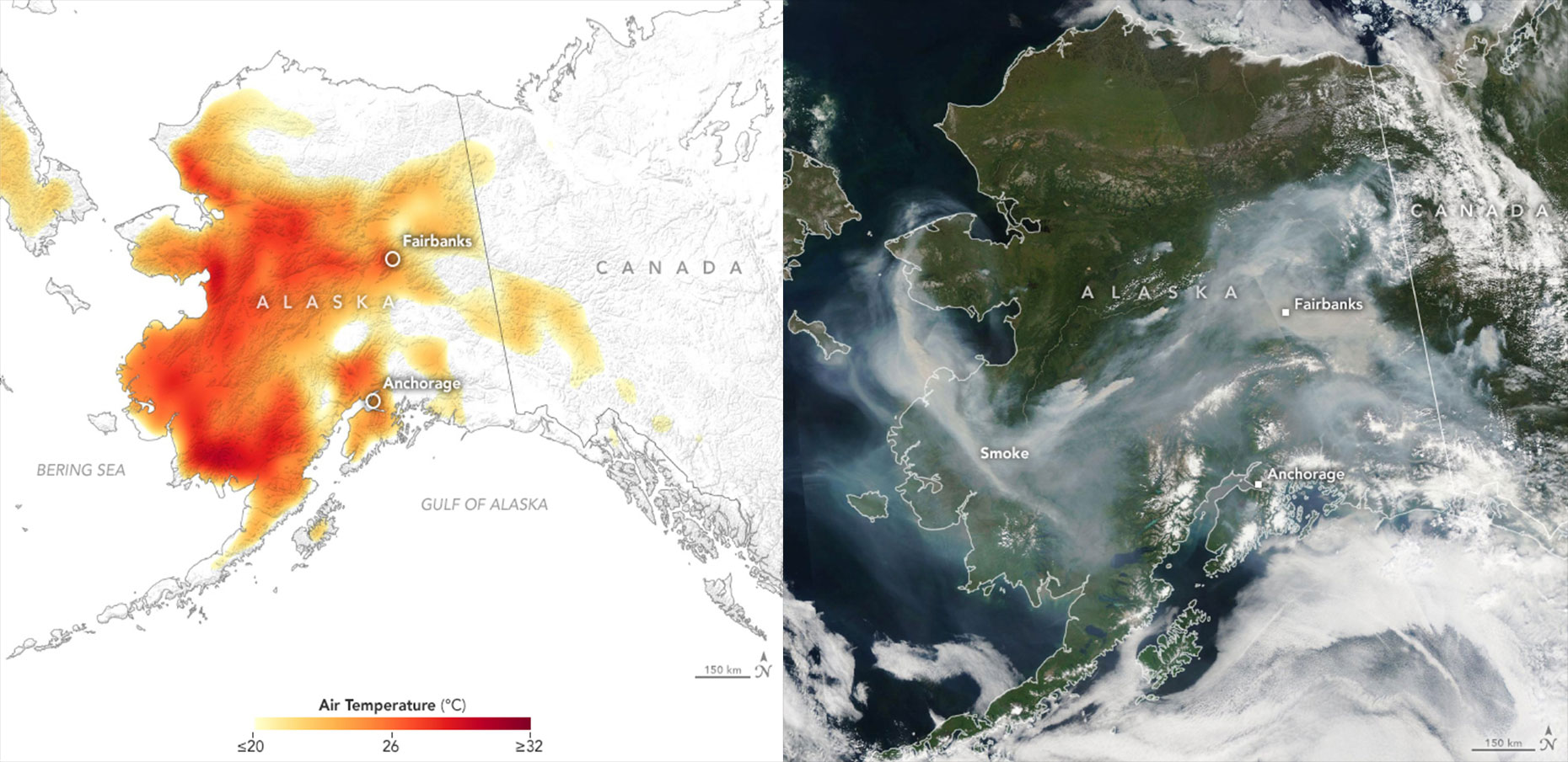 Two side by side maps of Alaska. On the left, air temperature is mapped in yellows, oranges, and reds, showing that much of inland and coastal Alaska was hitter than 26 degrees Celsius. On the right, a satellite image of Alaska shows smoke swirling over the mostly green state.