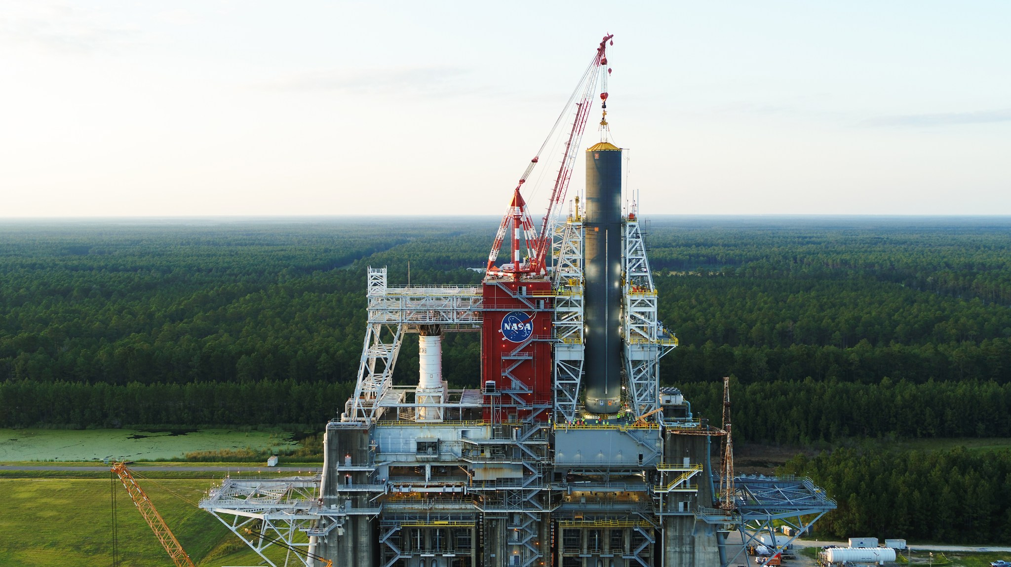 Space Launch System (SLS) core stage pathfinder is positioned in the B-2 Test Stand at NASA’s Stennis Space Center 