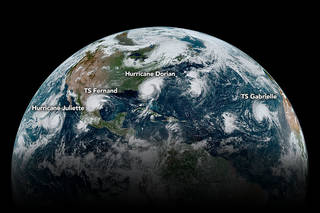 Labeled image of the chain of tropical cyclones lined up across the Western Hemisphere on Sept. 4, 2019.
