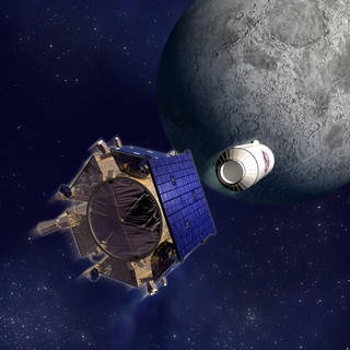Artist's rendering of the LCROSS spacecraft and Centaur separation, with the Moon beyond.