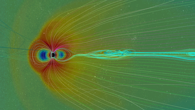 An animation shows Earth surrounded by a series of curved lines representing its magnetic field. The field appears smaller on the left than on the right. As a red wave overtakes Earth from the left, Earth’s magnetic field becomes compressed, with the left side pushed inward toward Earth and the right side becoming thinner and less spread out.