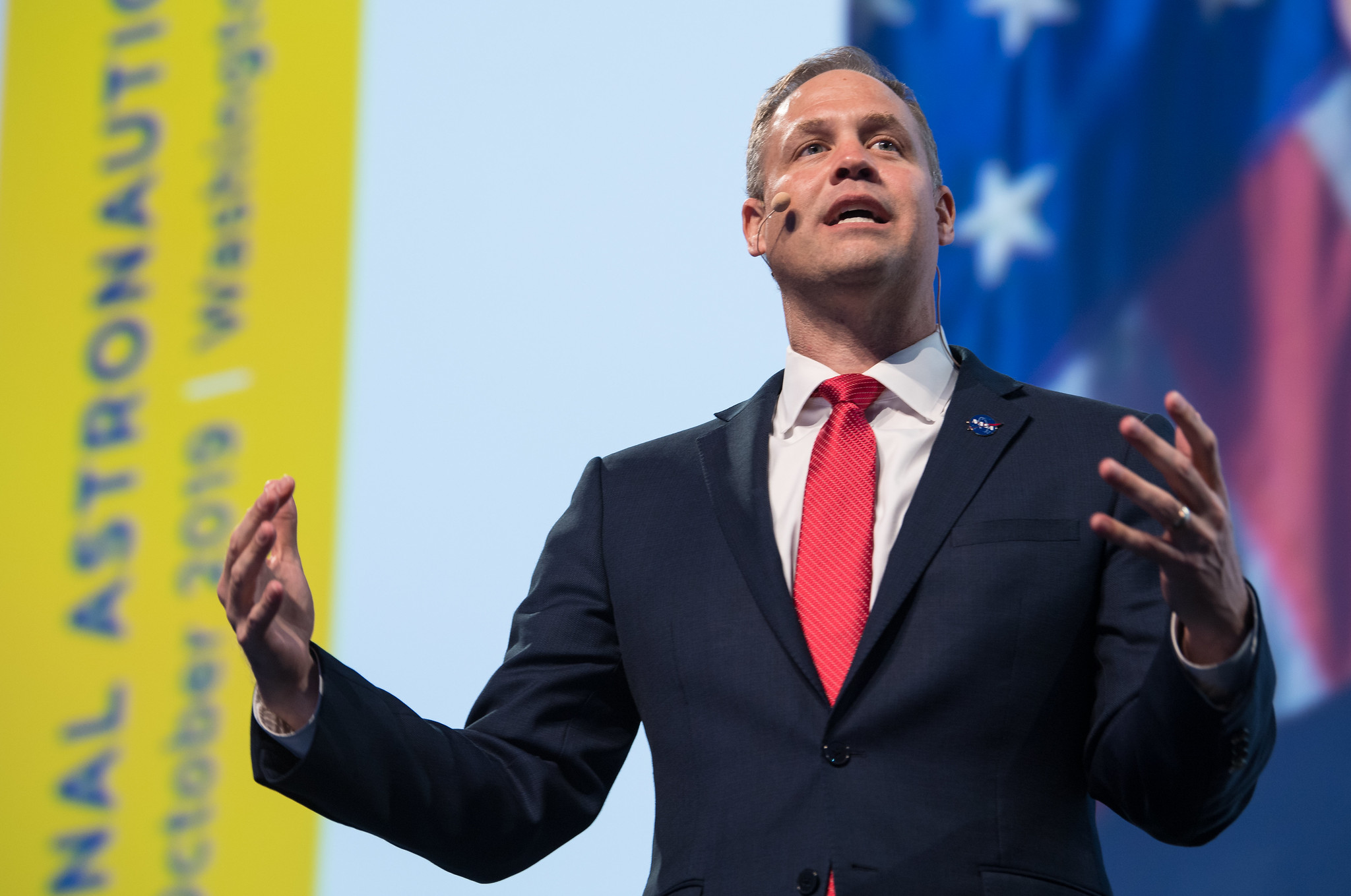 NASA Administrator Jim Bridenstine speaks during the Heads of Agency Plenary of the 2019 International Astronautical Congress