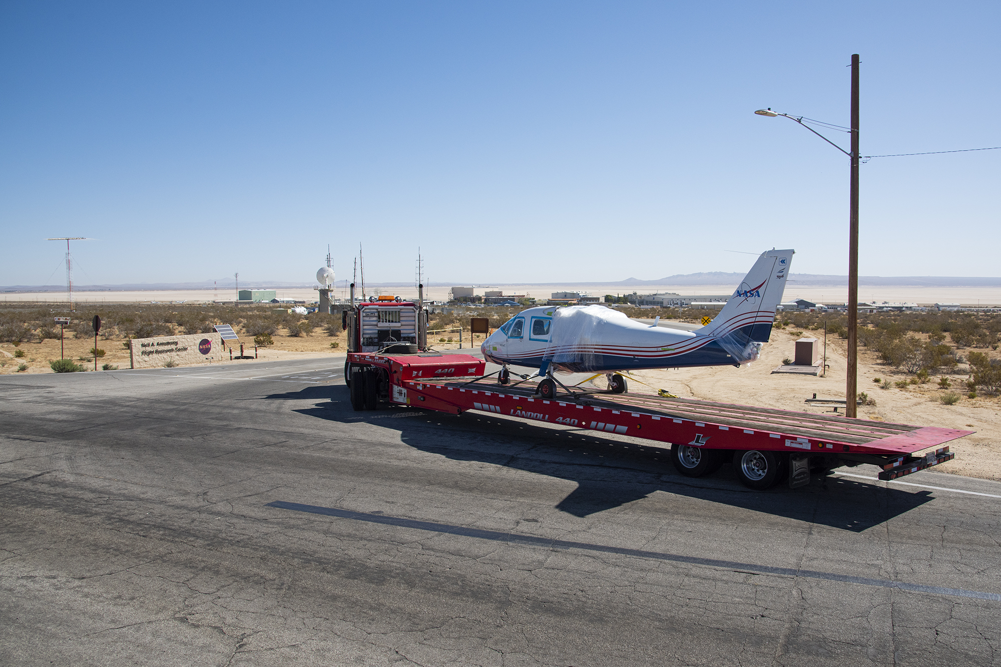 NASA?s all-electric X-57 Maxwell, in its Mod II configuration, arrives at AFRC.