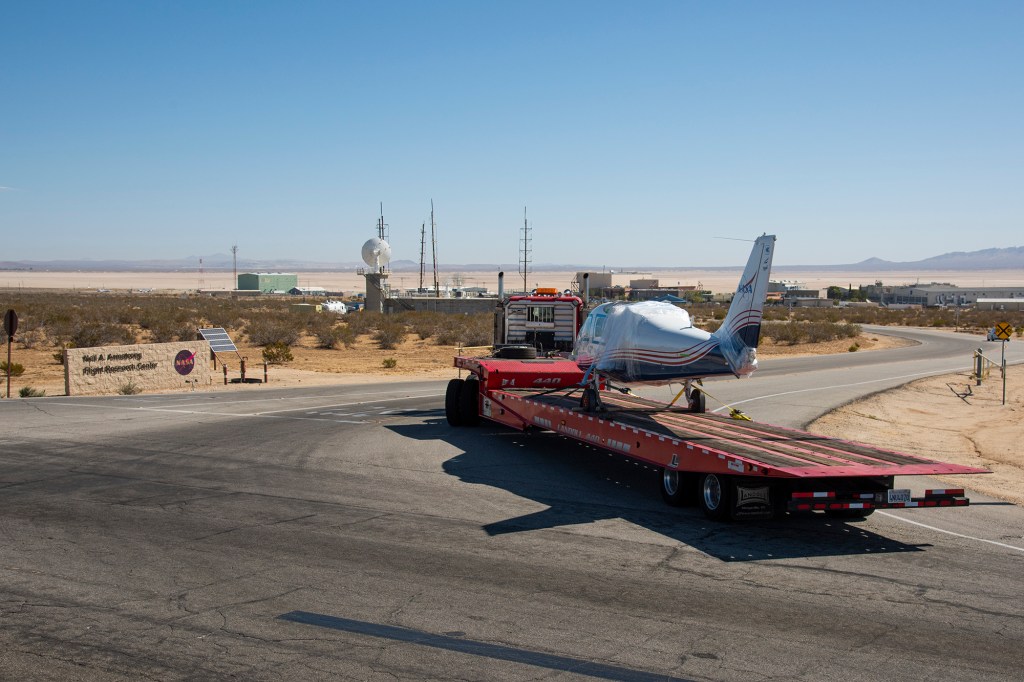 NASA?s all-electric X-57 Maxwell, in its Mod II configuration, arrives at AFRC.
