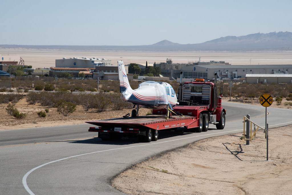 NASA?s all-electric X-57 Maxwell, in its Mod II configuration, arrives at AFRC.
