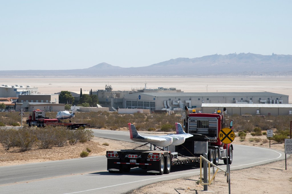 NASA?s all-electric X-57 Maxwell, in its Mod II configuration, arrives at AFRC.