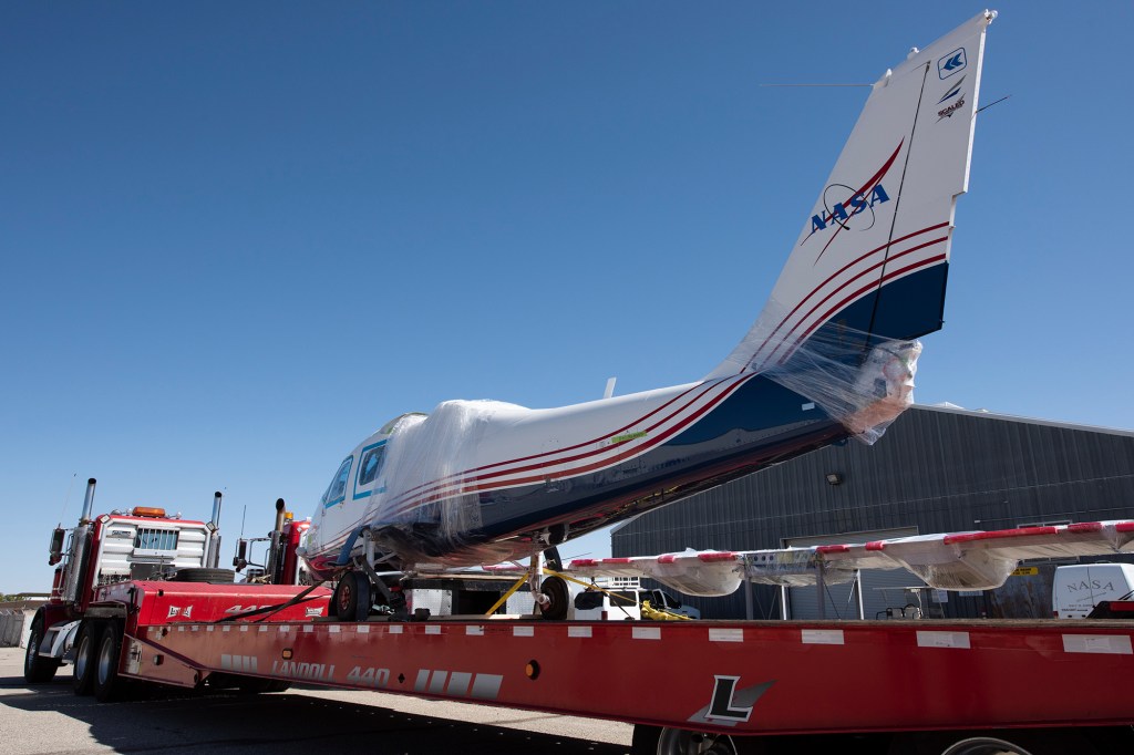 NASA?s all-electric X-57 Maxwell, in its Mod II configuration, arrives at AFRC.