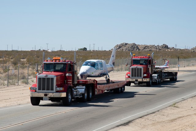 <strong>July</strong> <strong>2,</strong> <strong>2019:</strong> NASA's all-electric experimental aircraft X-57 Maxwell, in its Mod II configuration, arrives at NASA Armstrong.