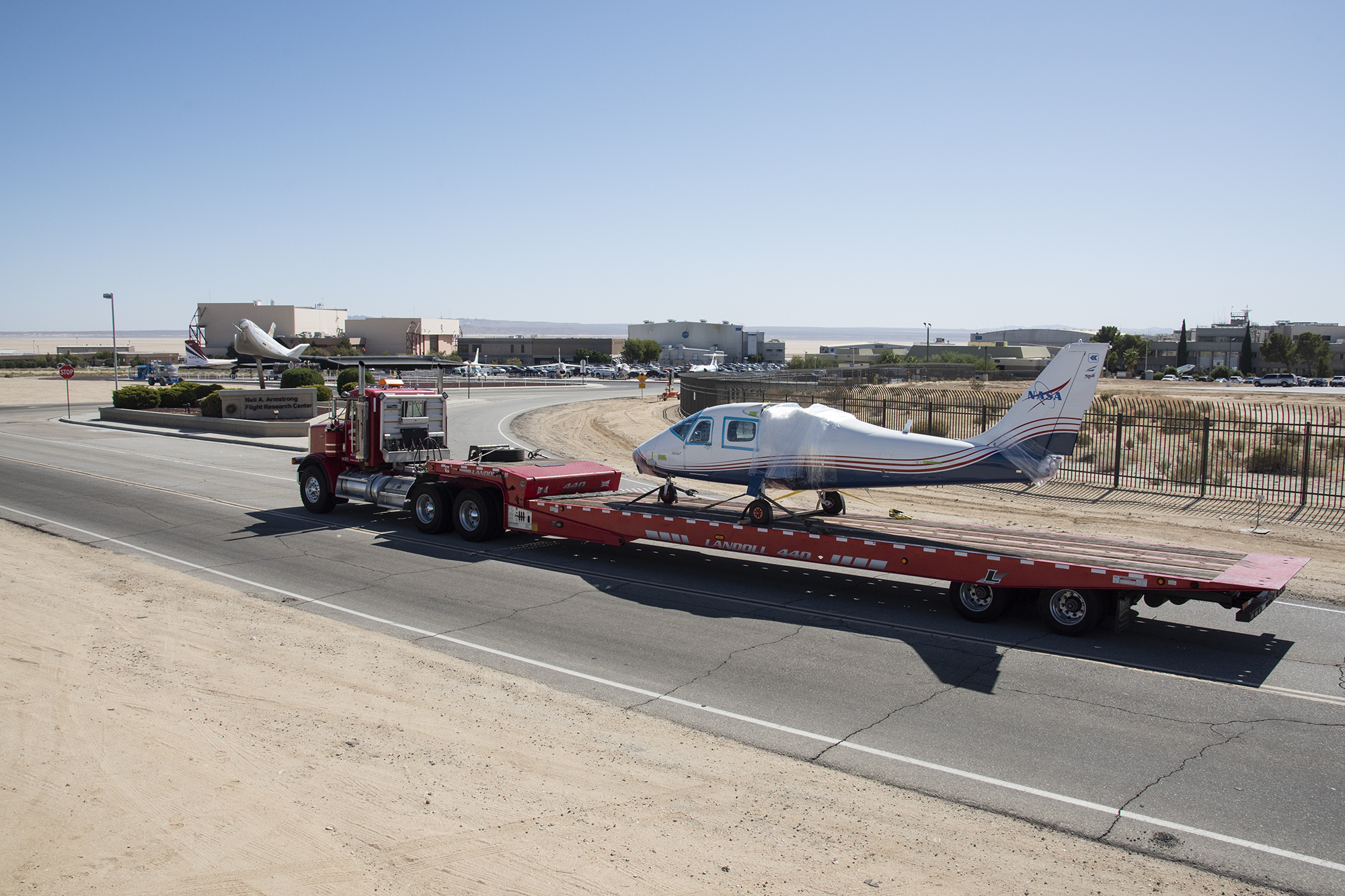NASA?s all-electric X-57 Maxwell, in its Mod II configuration, arrives at AFRC.
