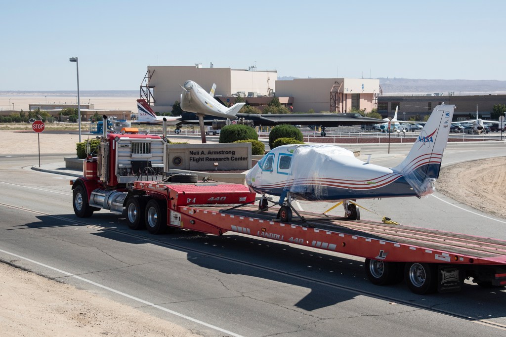 NASA?s all-electric X-57 Maxwell, in its Mod II configuration, arrives at NASA?s AFRC in Edwards, CA.