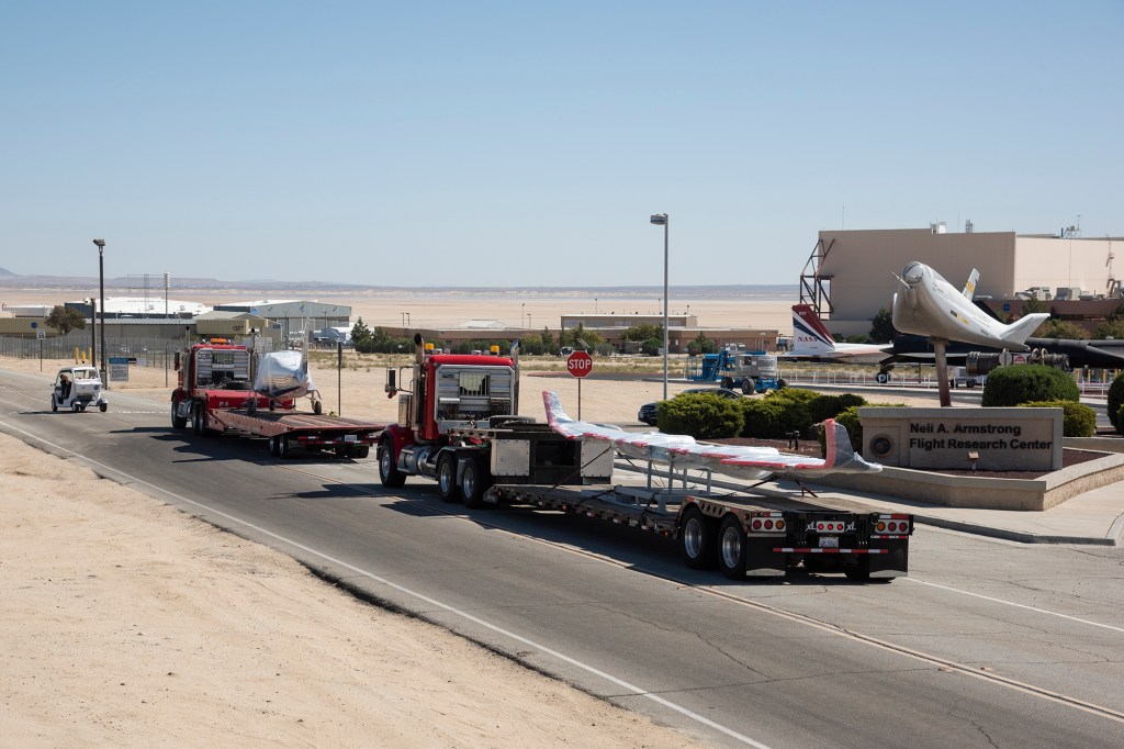 NASA?s all-electric X-57 Maxwell, in its Mod II configuration, arrives at NASA?s AFRC in Edwards, CA.