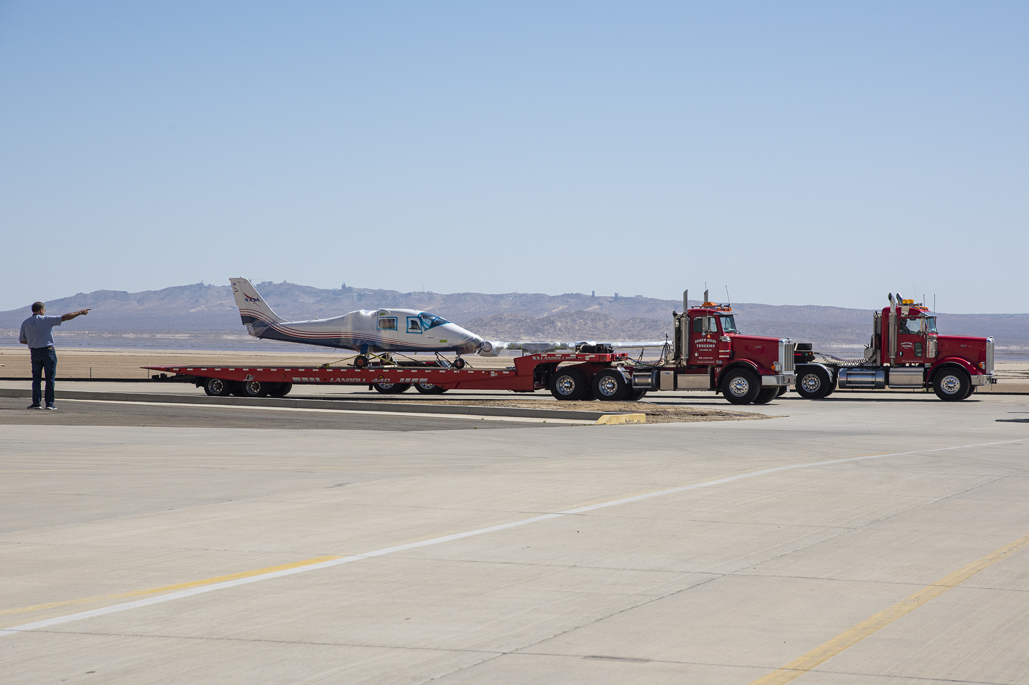 NASA?s all-electric X-57 Maxwell, in its Mod II configuration, arrives at AFRC in EEdwards, California.