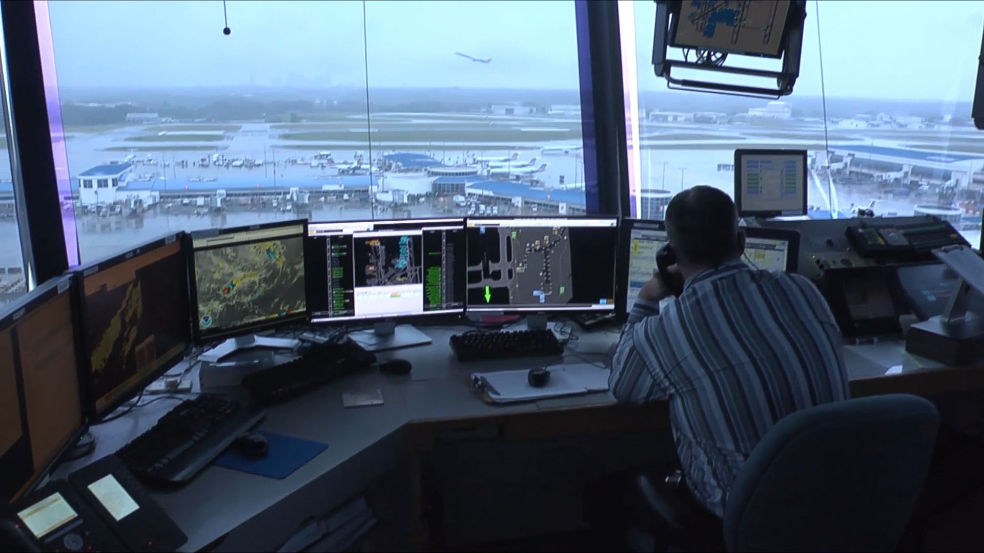 A Federal Aviation Administration air traffic controller at the Charlotte Douglas International Airport.