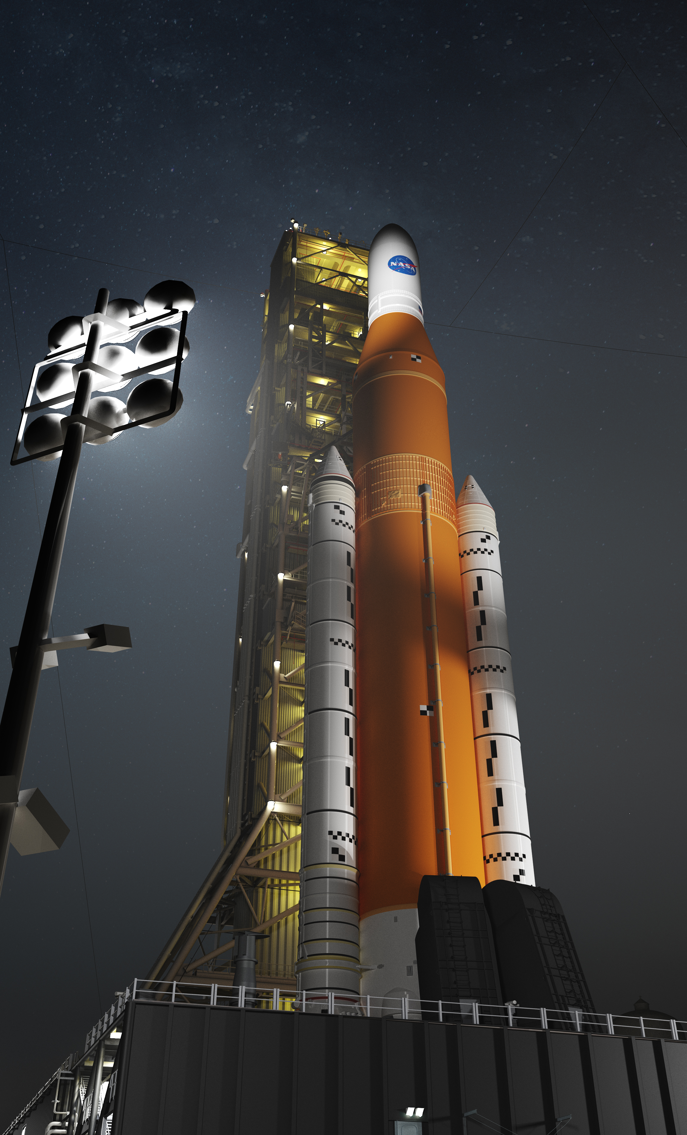 Nighttime view of SLS on mobile launcher