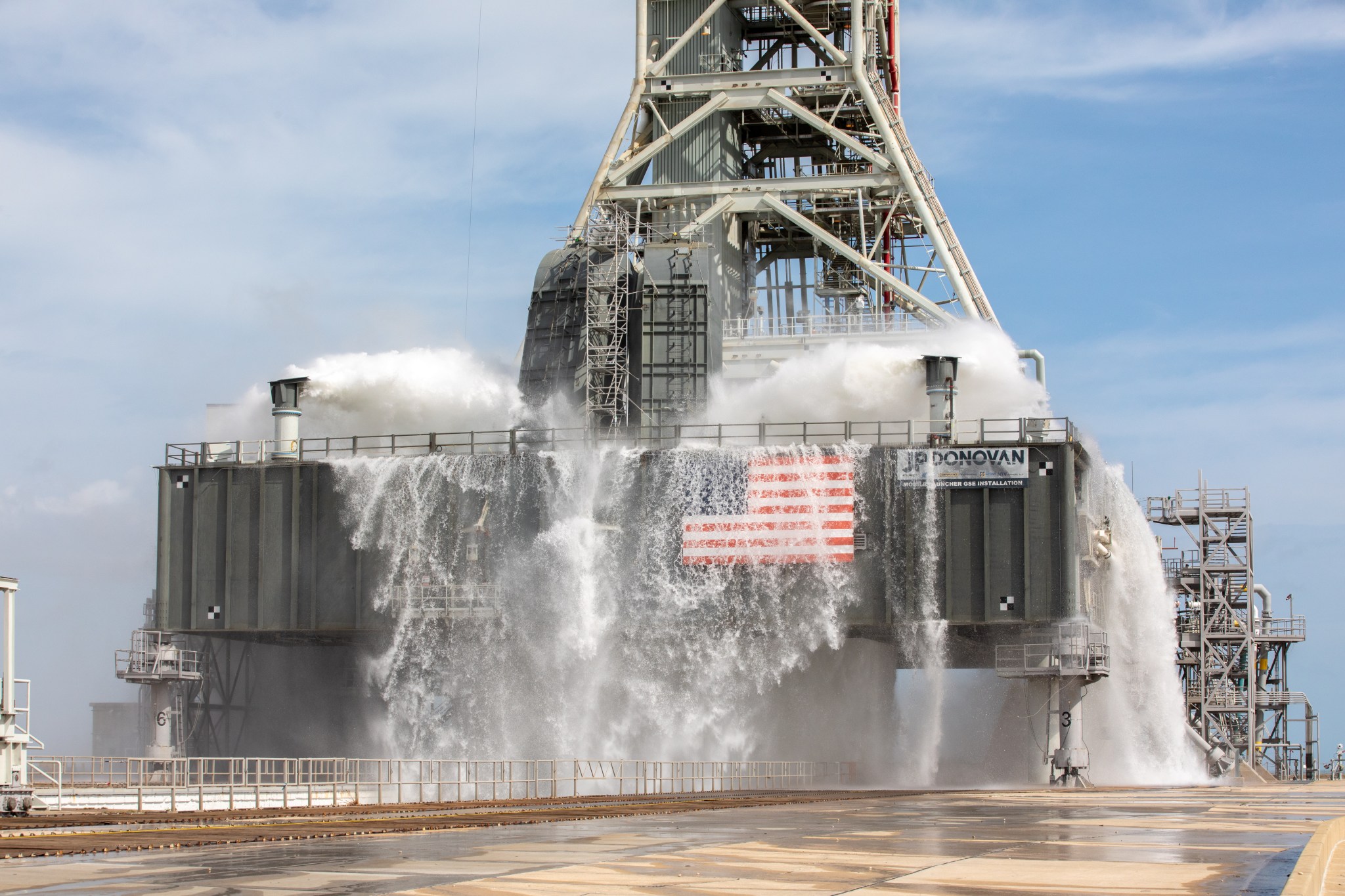 A wet flow test at Launch Pad 39B on September 13, 2019, tests the sound suppression system.