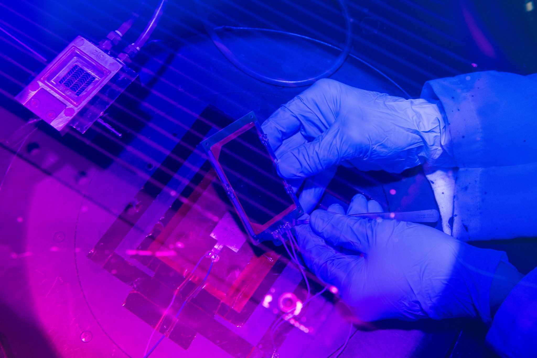 Perovskite cell sample in the lab’s solar simulator at NASA’s Glenn Research Center.