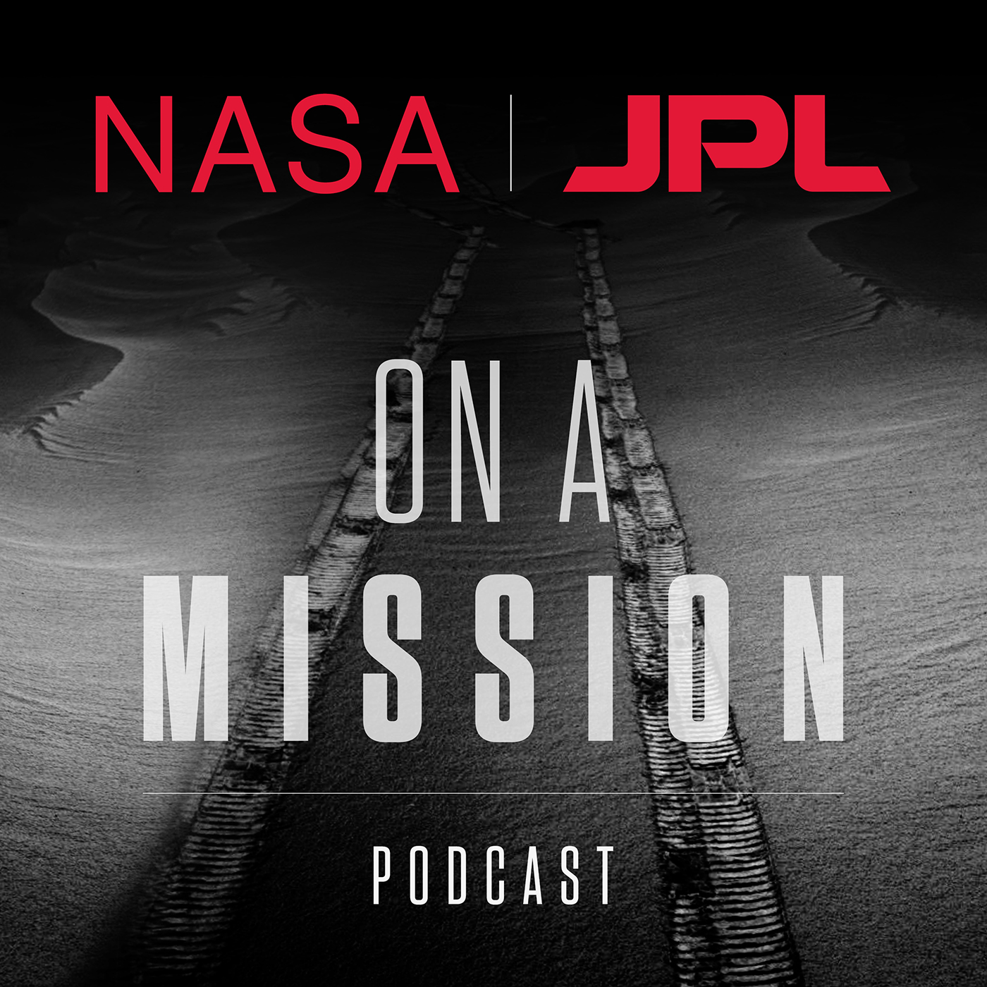 On a Mission podcast cover image of tracks on Mars with NASA JPL title text