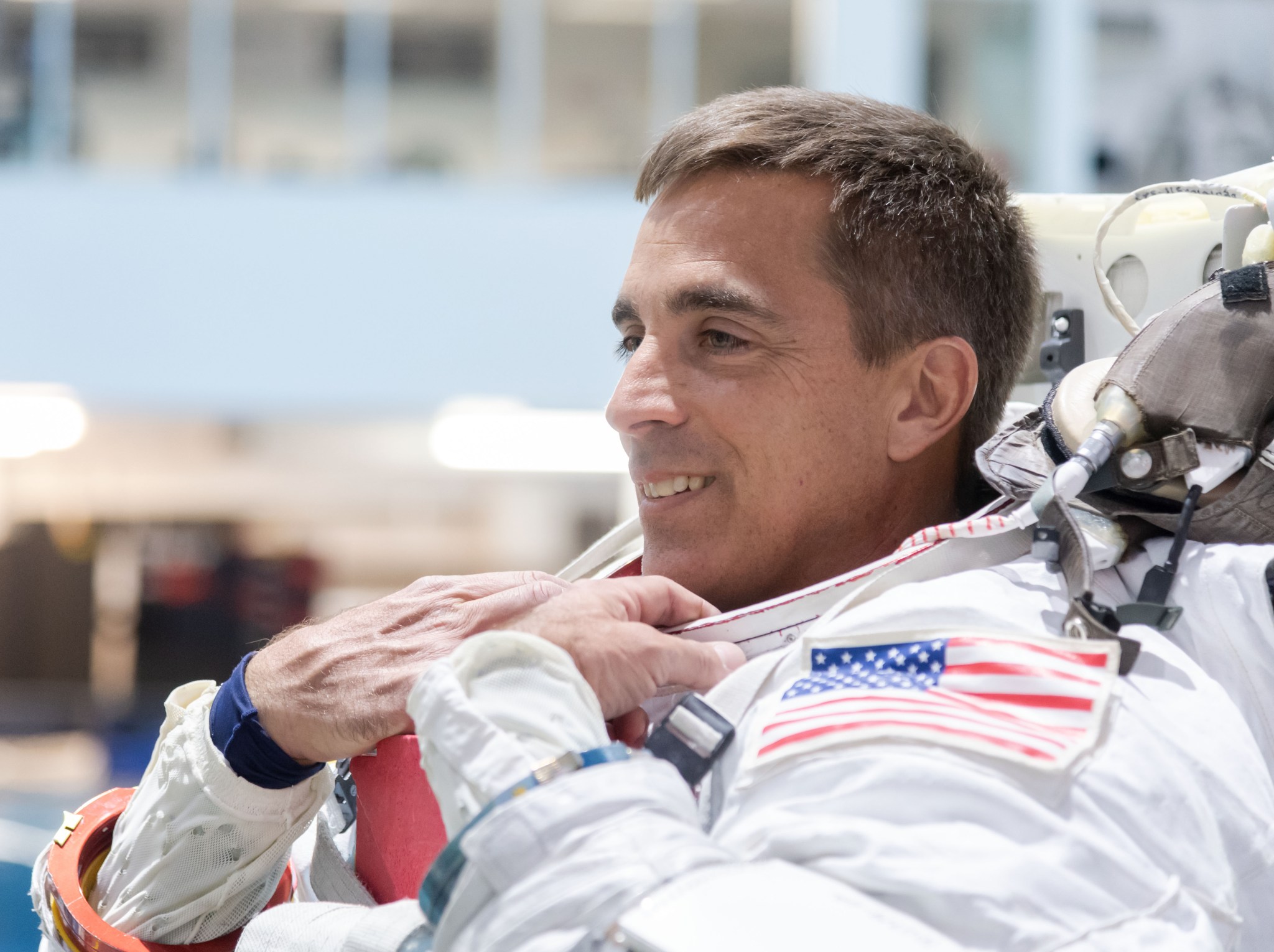 NASA astronaut Chris Cassidy suits up for spacewalk training at the Neutral Buoyancy Lab at NASA’s Johnson Space Center