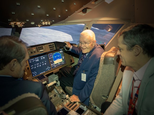 Haise sat in a lunar simulator outfitted for Moon landings at NASA Langley.