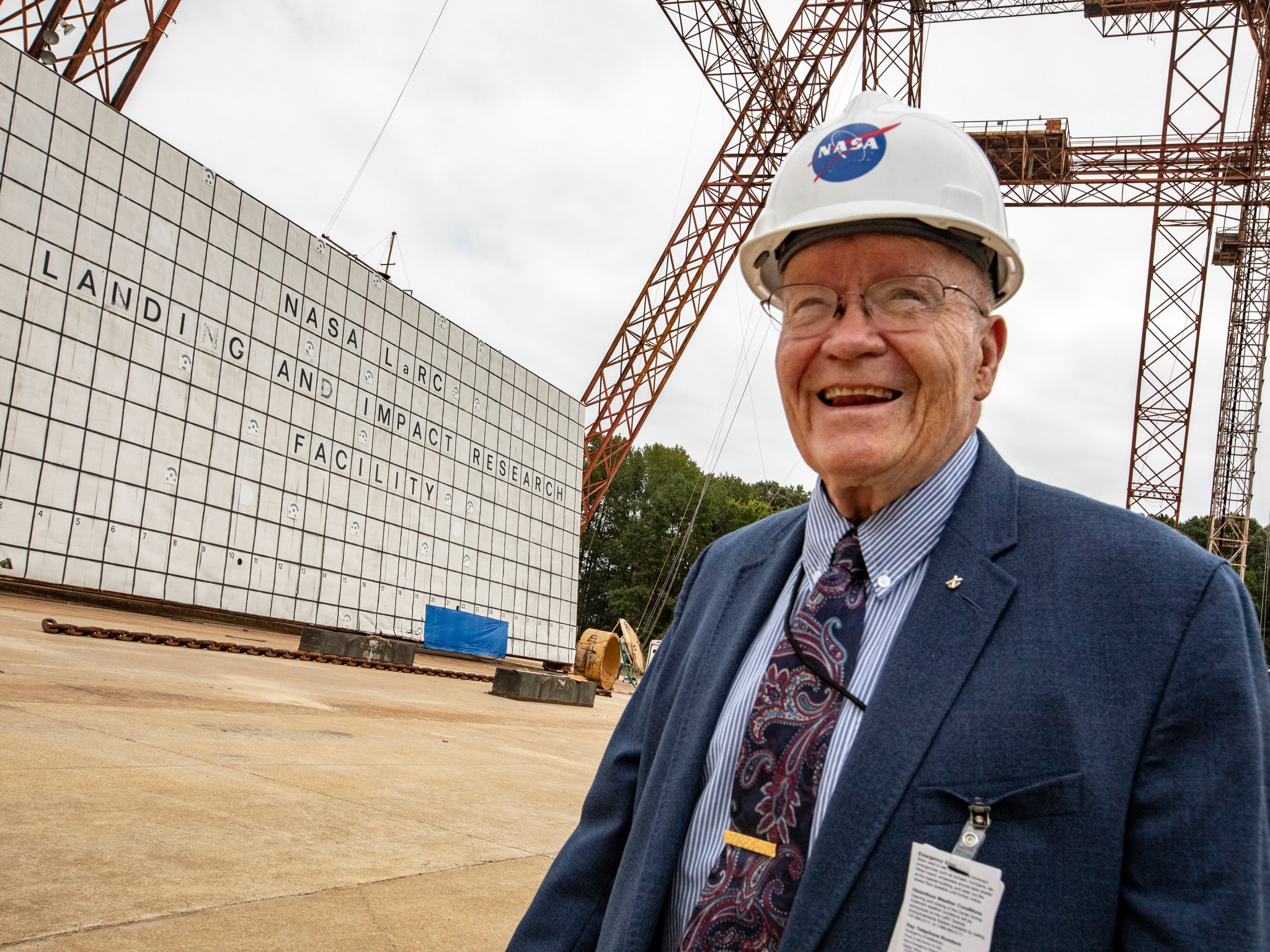 Haise at the historical gantry facility, known as the Lunar Landing Research Facility during the time he trained at NASA Langley