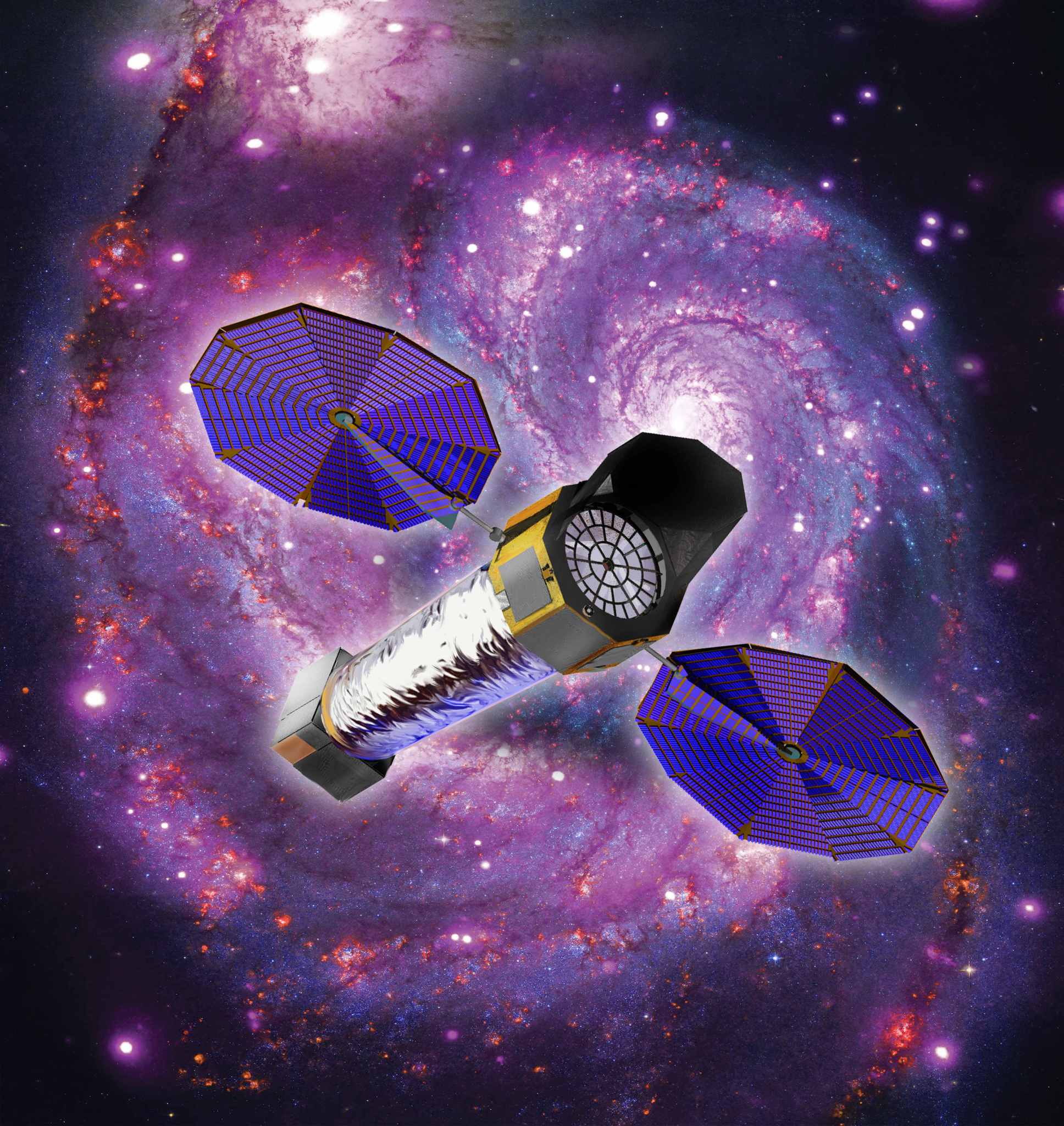 Illustration of the conceptual Lynx X-ray Observatory, a potential user of a new X-ray mirror. The background is a spiral galaxy in shades of purple and pink. The spacecraft is in the center of the image and is looks like a cylinder covered in aluminum with a box on the bottom and a hexagon on top, with two solar arrays to each side. 