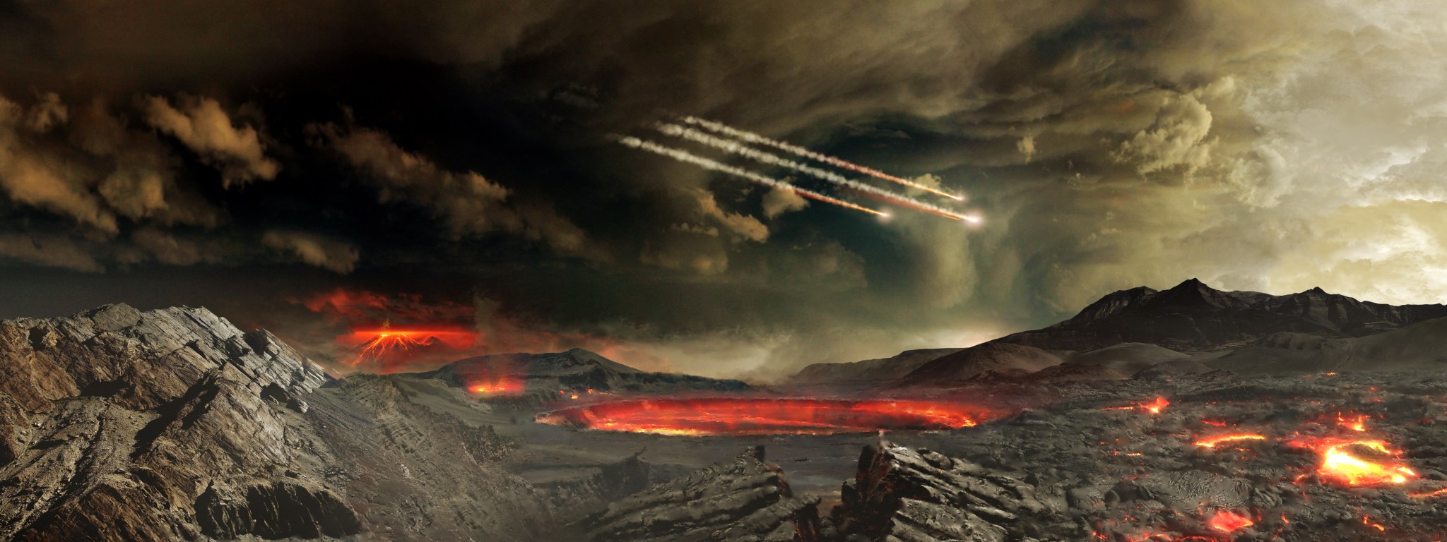 Artist's concept of meteors impacting ancient Earth
