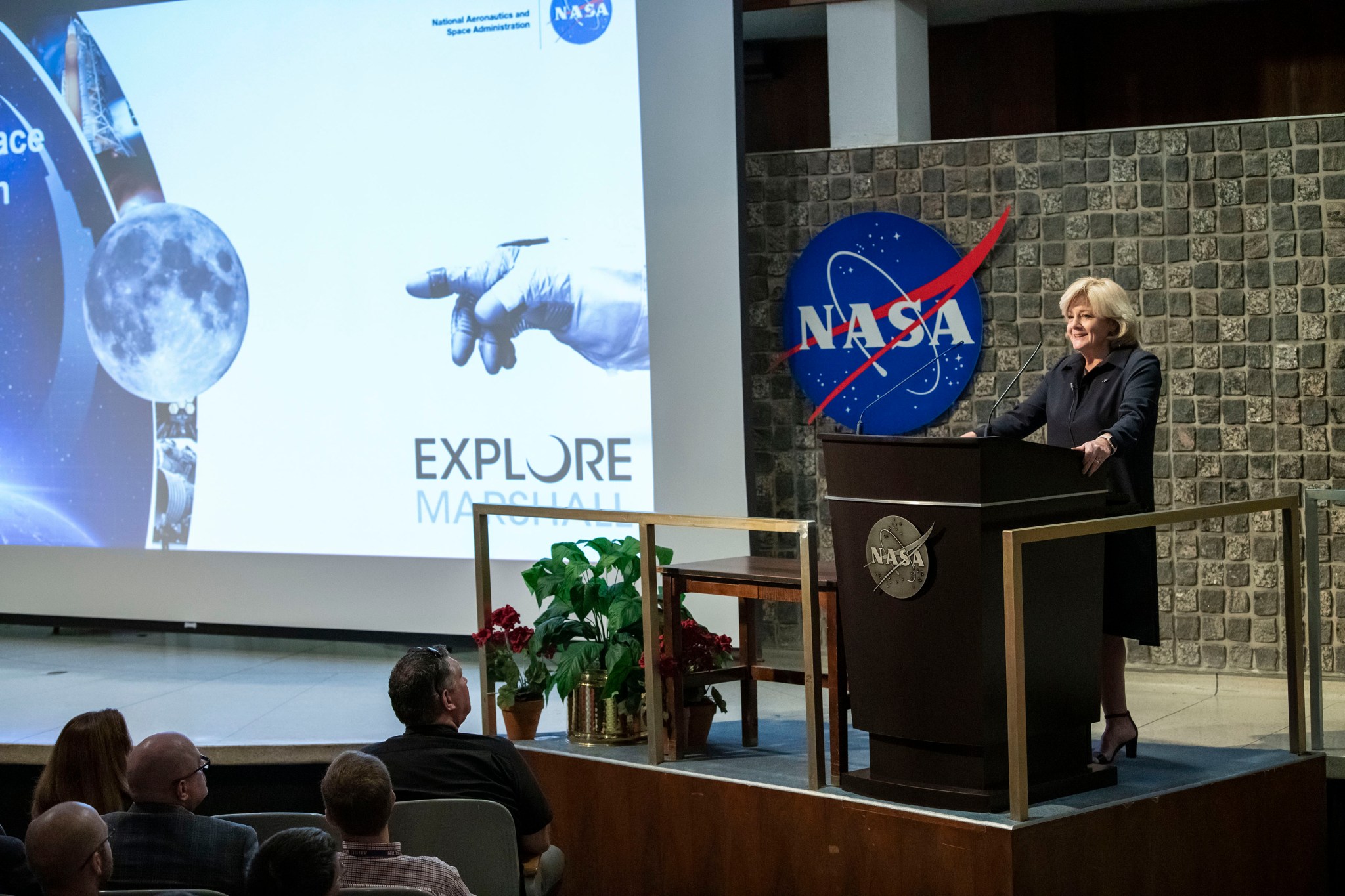 NASA’s Marshall Space Flight Center Director Jody Singer addresses the Marshall team at a Sept. 27 all-hands meeting.