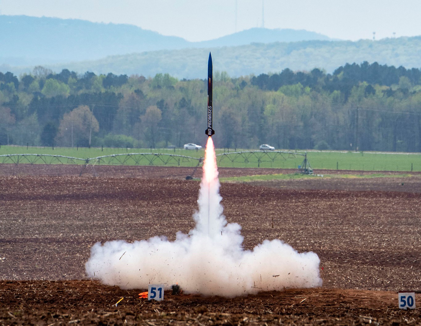 No Promises, North Carolina State University’s rocket in the 2019 Student Launch competition, roars off the launch pad. 