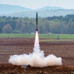 No Promises, North Carolina State University’s rocket in the 2019 Student Launch competition, roars off the launch pad.